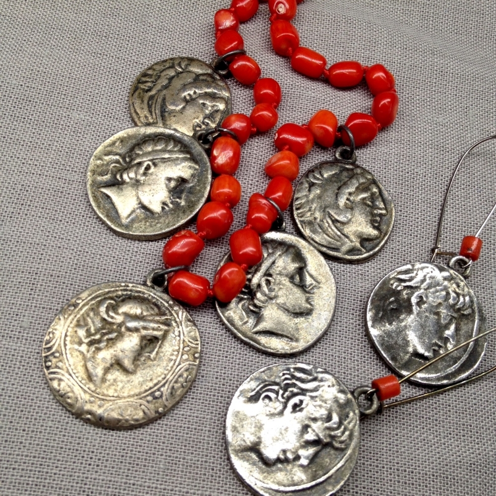 Vintage Coral & Greek Coin Necklace & Earrings Set - Picture 10 of 11